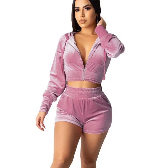 

China factory wholesale 2 piece short velvet hooded ladies's tracksuits set