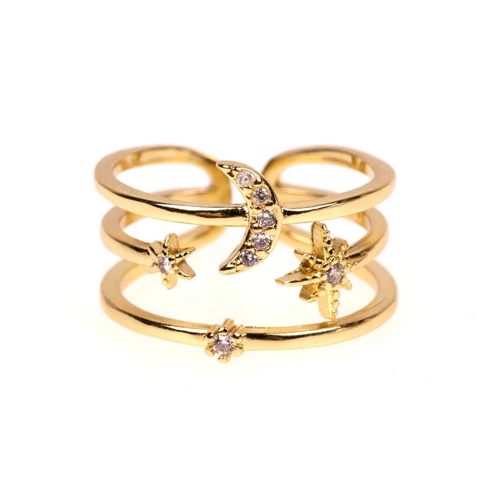 

Fashion personality crystal zirconia moon and star 18k copper gold plated open ring Wedding bridal fine diamond jewelry