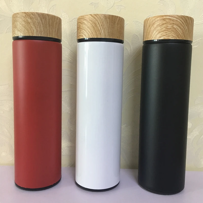 

500ml Wooden color lid straight bottles stainless steel vacuum insulated water bottles with tea infuser, Custom color, white,black, silver,gray