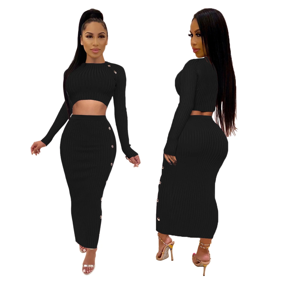 

SH7150 new European and American sexy fashion women's solid color navel Skirt Set two piece skirt set