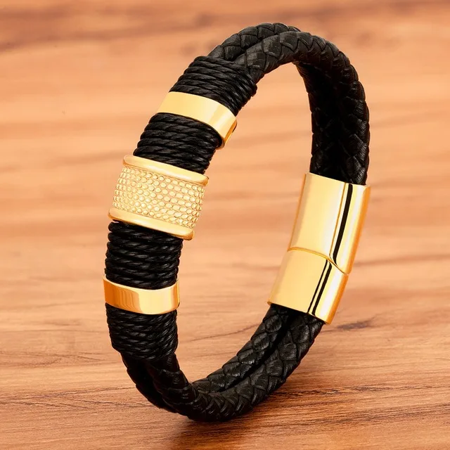 

Special Style Classic Woven Rope Wrapping Stainless Steel Men's Male PU Genuine Leather Bracelet, Picture