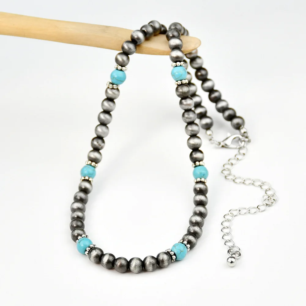 

Popular Navajo Pearls CCB Beads Alloy Turquoises Round Beaded Necklaces For Women Wholesale