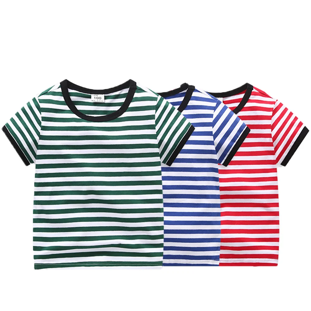 

2021 Summer New 100% Cotton Breathable T Shirts Striped Children Short Sleeve T Shirts Custom Print Support MOQ Start from 30Pcs, Blue,red,green