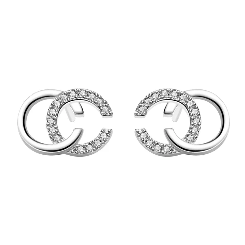 

Korean New Sparkling Crystal CC 925 Sterling Silver Double C Stud Earrings Women Girl Sweet Jewelry, Gold &silver