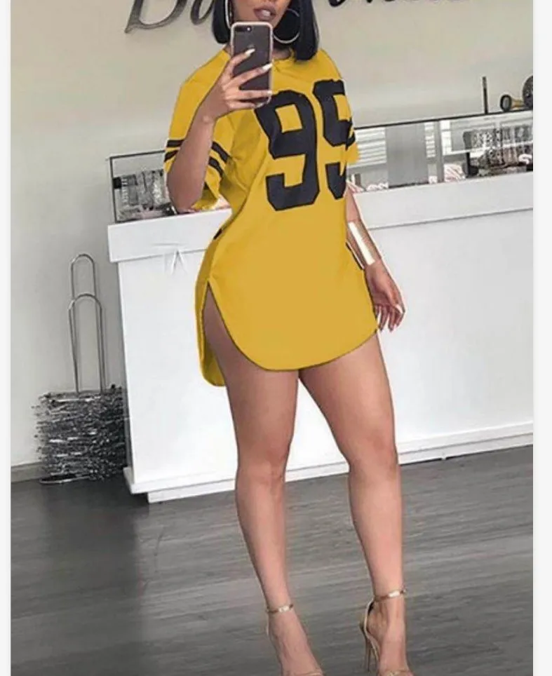 

Spring Summer Short Sleeve Dresses T-shirt 95 Print Split Skirt
