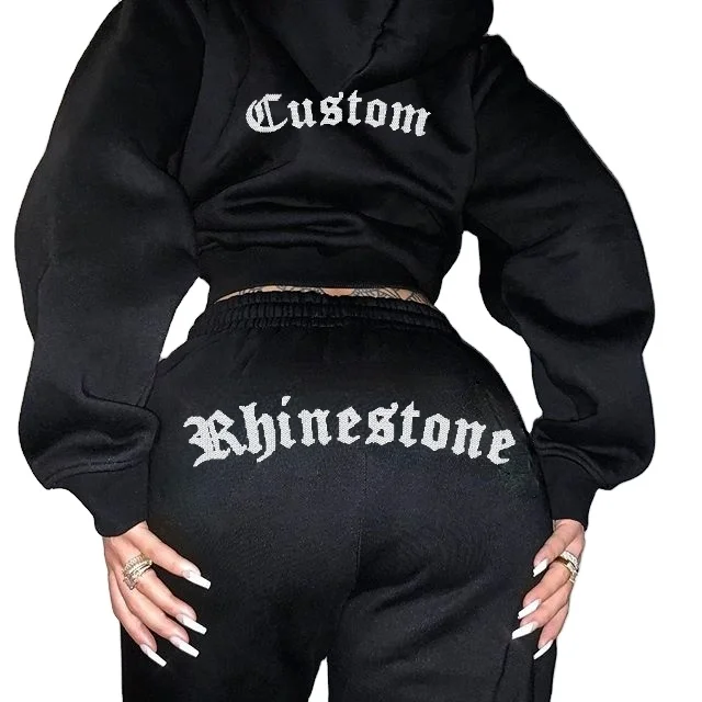 

2021 Custom Bling rhinestone customized embroidery Hoodies For Women Tracksuit Set Rhinestone Sweatsuit, Custom color