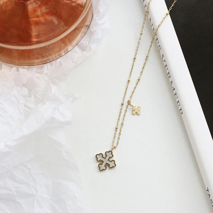 

Natural white shell European flower double cross pendant titanium stainless steel 14K gold plated necklace jewelry for lady, Optional as picture,or customized