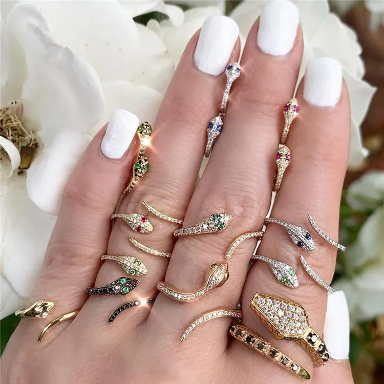 

Wholesale Explosive Snake Shaped Open Ring Micro-Inlaid Color Eyes Coiled Snake Ring Trendy Creative Jewelry, Picture shows