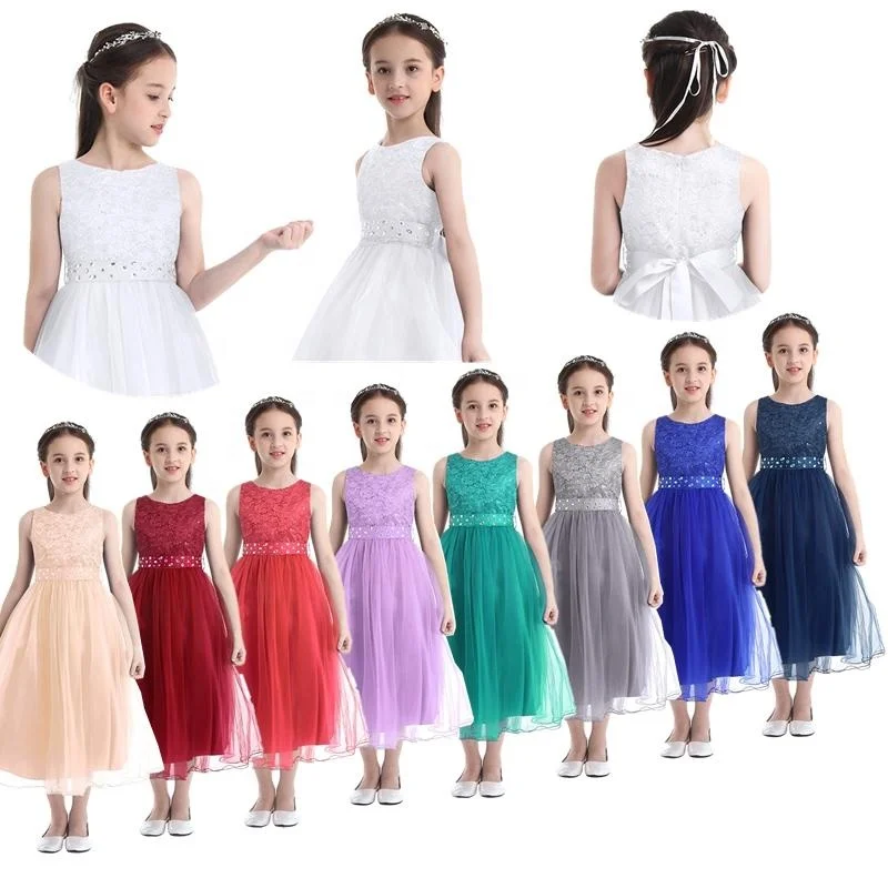 

Girls Sequined Sleeveless Lace Mesh Flower Girl Pageant Dress Elegant Lace Tulle Baptism Wedding Princess Gown Party Dress