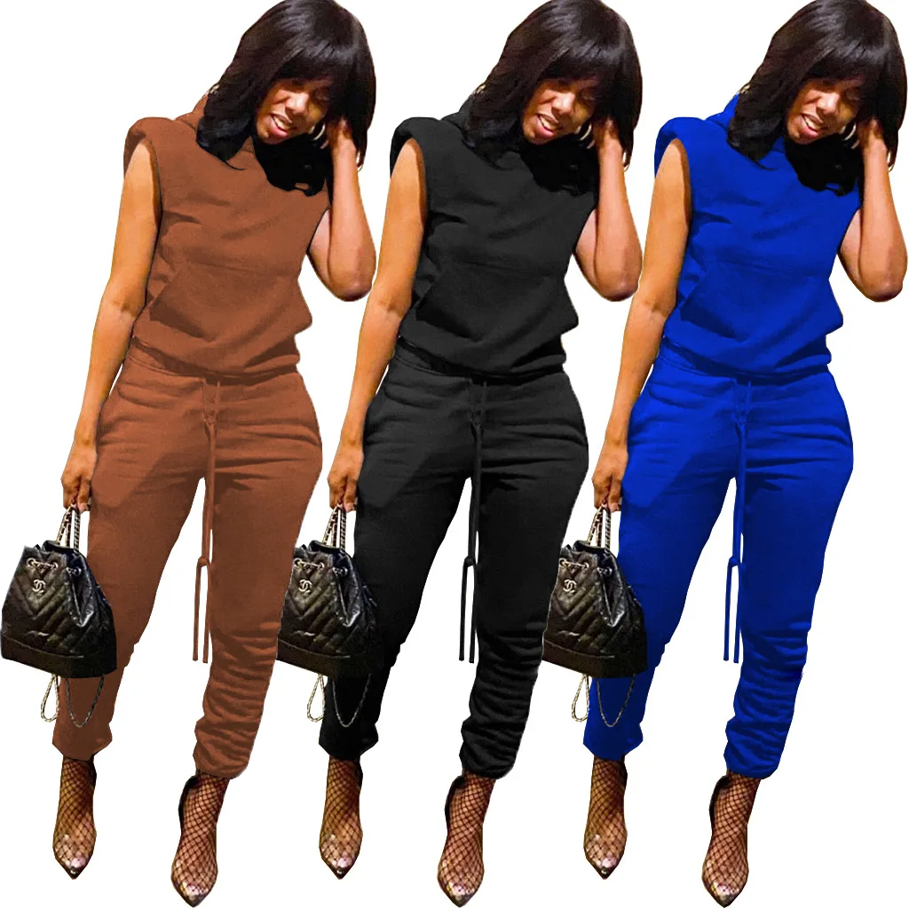 

Custom Logo Two Piece Pants Set Wholesale 2021 Fall Outfits Shoulder Pad Hoodie Tracksuit Matching Sets Sweat Pants Women Sets