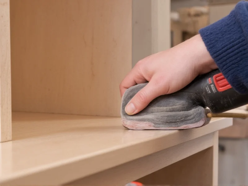 Hand sanding wooden bookshelf frame with fine-grit sandpaper