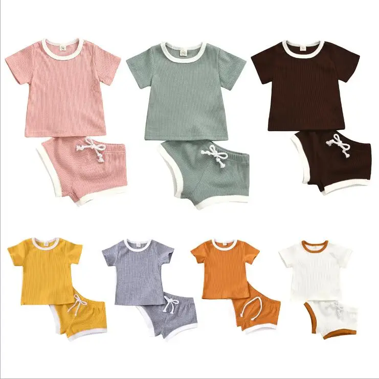 

Amazon Hot 2 pieces set baby clothes, 95% Cotton short sleeve baby t shirt with short pants Unisex toddler clothing baby pajamas, Various colors and patterns