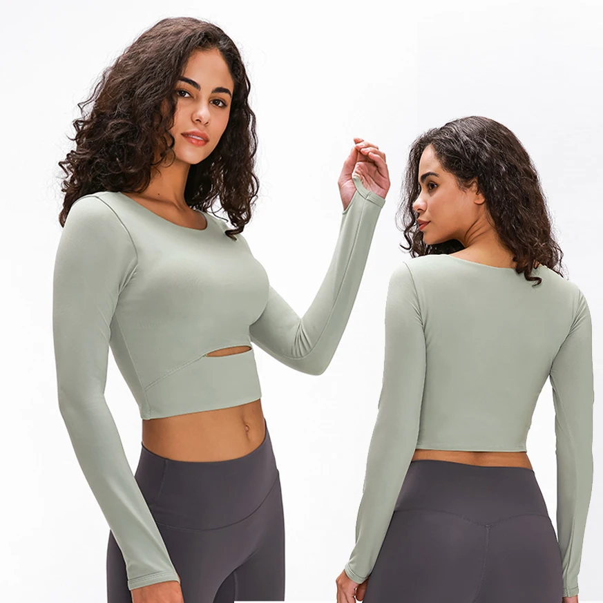 

Autumn new style long sleeve sport T-shirt with breast pad for exercise and half-cut slim outdoor yoga top, Customized color or in-stock color
