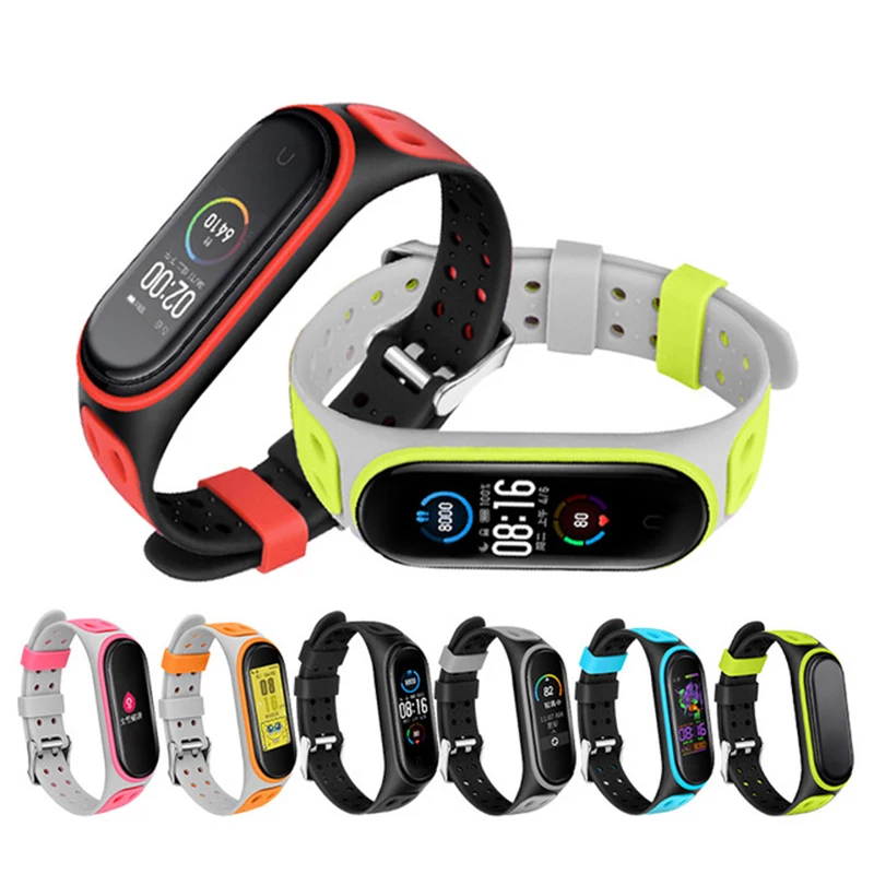 

BOORUI double colorful strap mi band 5 breathable sport 2020 smart silicone strap for xiaomi mi band 5 with metal buckle, Gray pink,black red,gray orange,black blue,black green,gray green,etc.