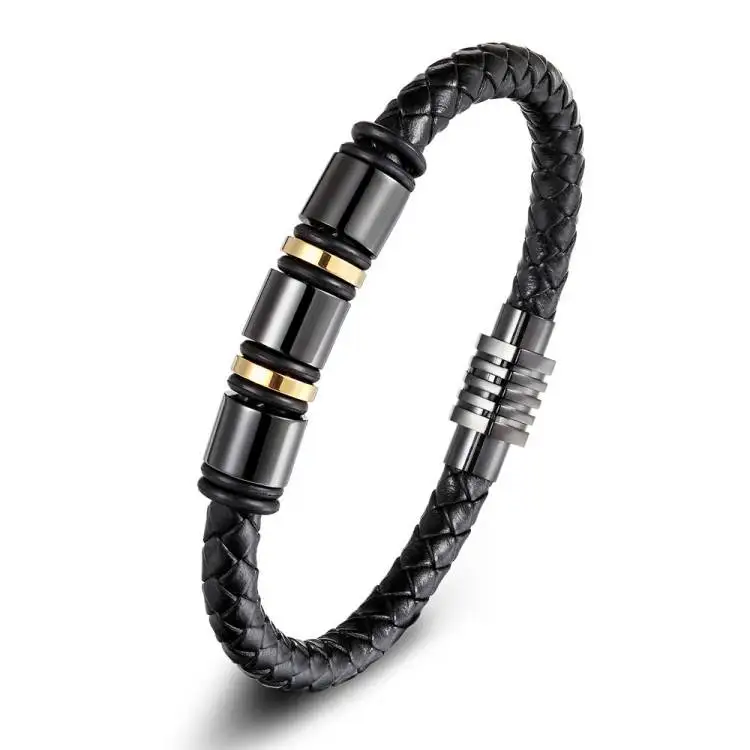 

Magnetic Clasp PVD Black Plated Stainless steel Leather Bracelet For Men, See picture