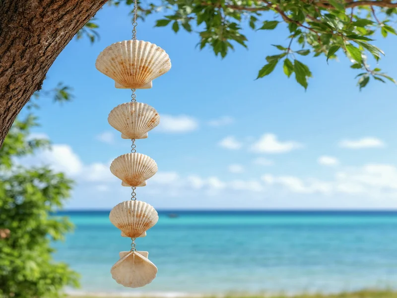 Seashell wind chime hanging from tree