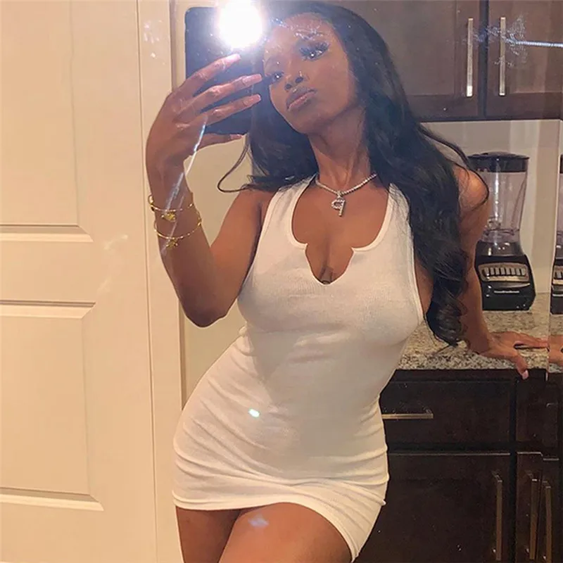 

2021 Summer New Arrivals Women Daily Wear Casual Colorful Sexy U-neck Sleeveless One Piece Nightclub Bodycon Short Dress