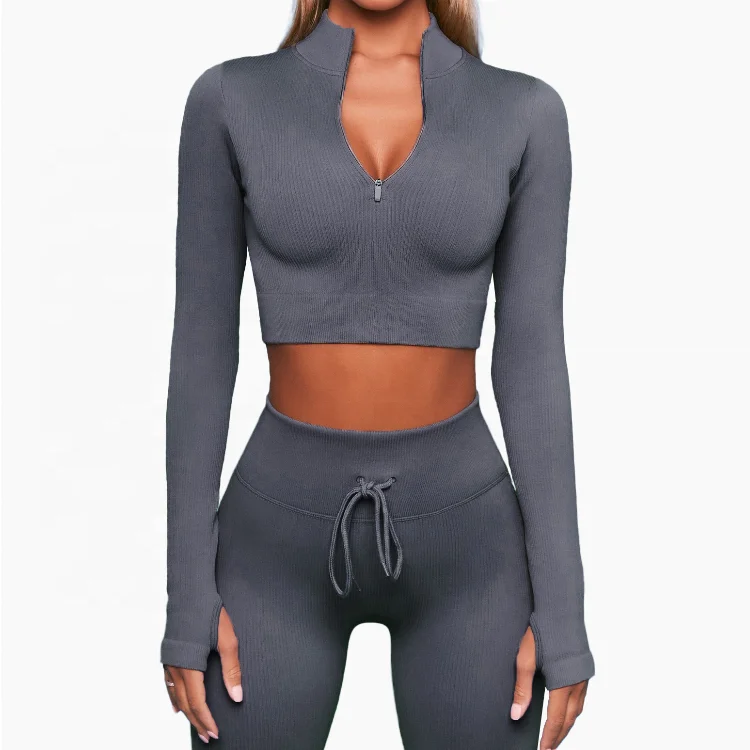 

2021 Long Sleeve Yoga Suit Gym Yoga Set Workout Sets Yoga Top And Sportswear Suit Gym Clothing Women, Khaki, purple, black, orange, blue, light pink, deep purple, tan