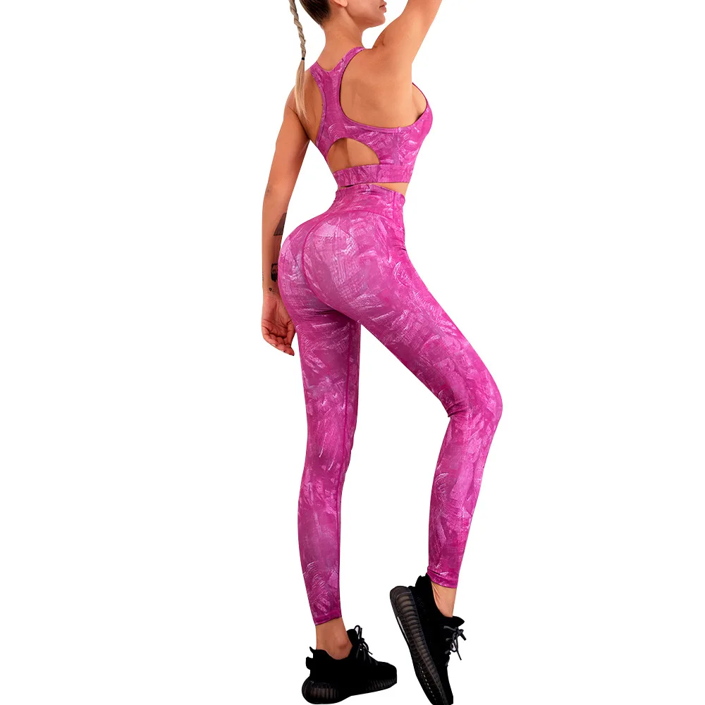 

Top Quality Yoga Set Sports Bra Leggings Set Stretchy Yoga Gym Wear Set Female Pink, As the picture shows