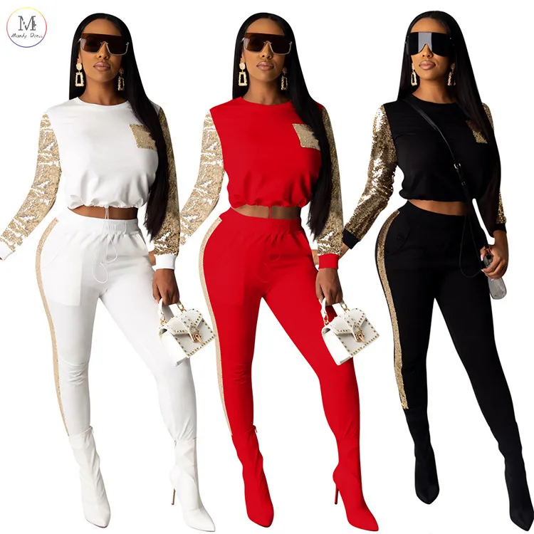 

New Design Ladies Sets Suits Sequin Patch Cropped Tops Leggings Two Piece Outfit Autumn Casual Sexy Club Wear Women Set, Picture