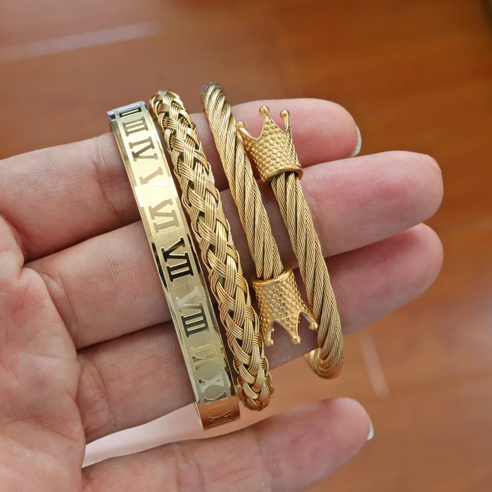 

European Stainless Steel Jewelry Punk Hip Hop 3Pcs/Set 18K Gold Plated Stainless Steel Royal Crown Screw Bangle Bracelet Set Men