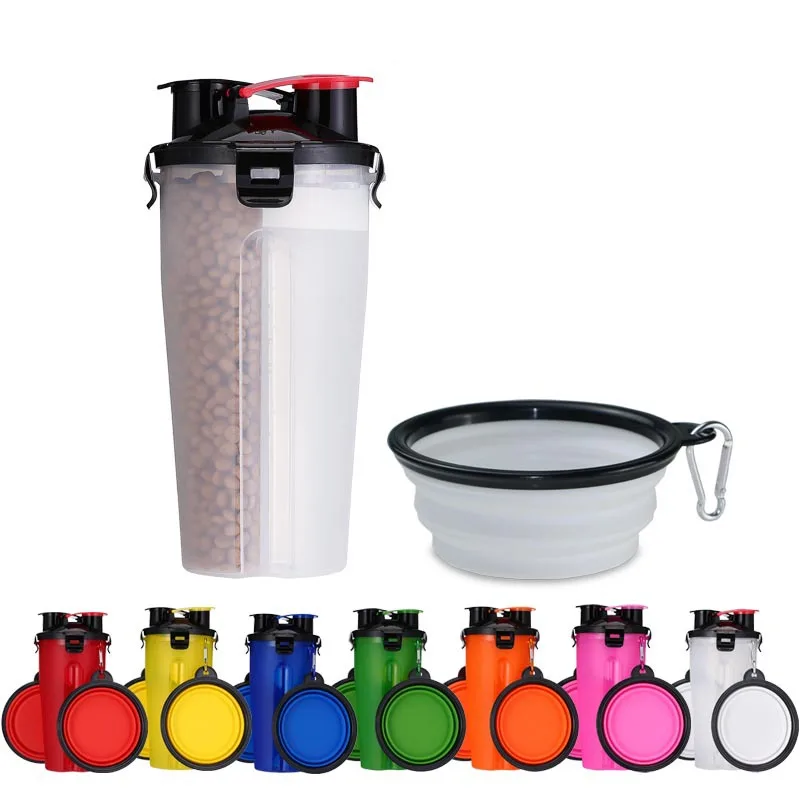 

2 in 1 Independent Chamber Design Water & Food Dispenser Portable Pet Dog Travel Water Bottle with Collapsible Bowl