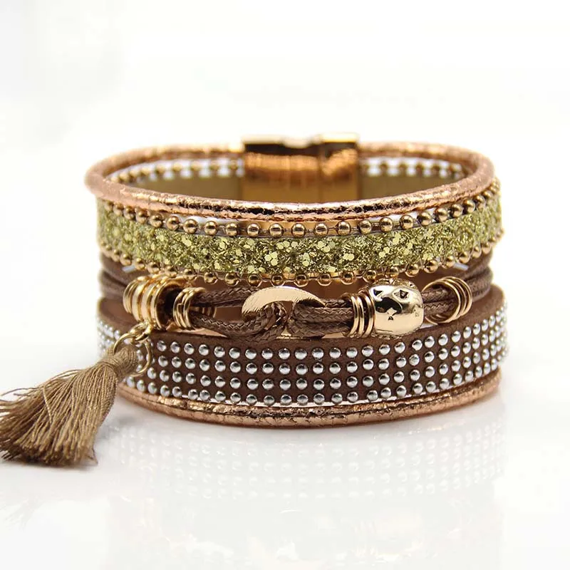 

Bohemian Magnetic Buckle Sequins Leather Charm Bracelet Multi Layers Rhinestone Leather Tassel Bracelet