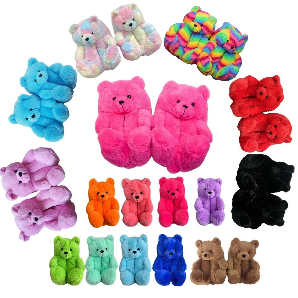 

2021 Wholesale Pantuflas De Animales De Peluches Dibujos Gros Rainbow Fuzzy  Fits All Women Plush Teddy Bear Slippers