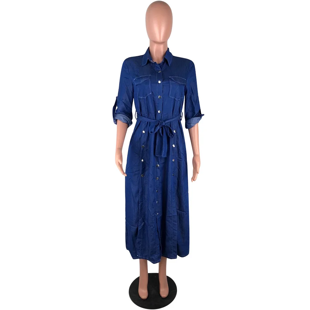 MVL9046 women fashion solid high slit maxi denim dress MVL9046