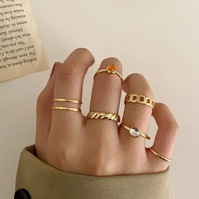 

Simple Vintage Jewelry Set Layered Stackable Rings Link Chain Agate Open Rings Set For Women Girls