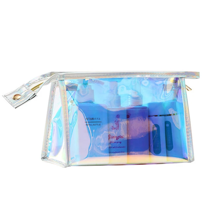 

Portable Female Stylish Transparent Laser Cosmetic Bag Waterproof Holographic PVC Makeup Organizer Bag, Sliver,pink