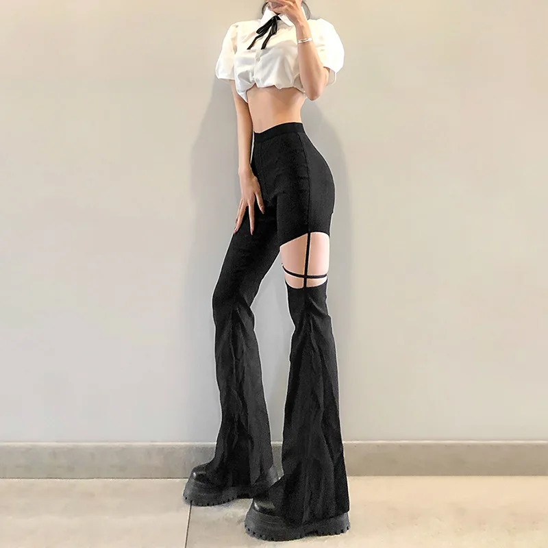 

Gothic Cut Out Black Flared Pants Women Summer Sexy High Waist E Girl Y2K Pants Trousers Ladies Streetwear Patalon Femme