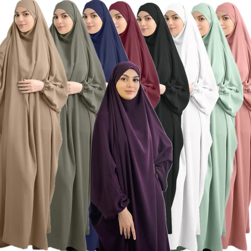 

Islamic Dubai Muslim Women Full Cover Ramadan Thobe Gown One Piece Prayer Outfit Prayer Dress with Attached Scarf