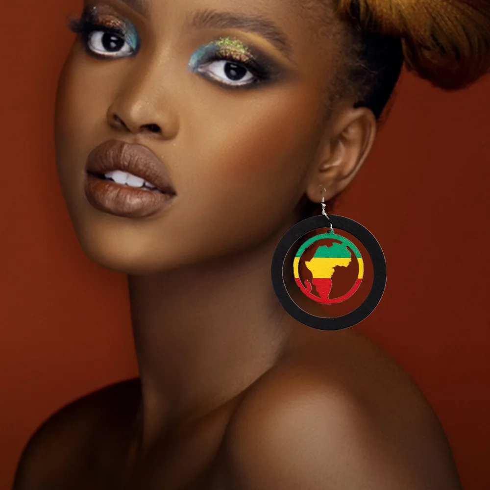 

Hip Hops Nightclub Hollow Wooden Big Round Circle Earrings Exaggerated Multi Color Elephant Africa Map Drop Earrings For Party