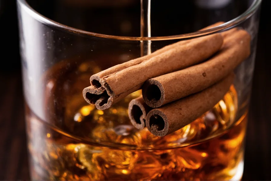 Close-up of cinnamon sticks resting on whisky bottle with amber liquid pouring