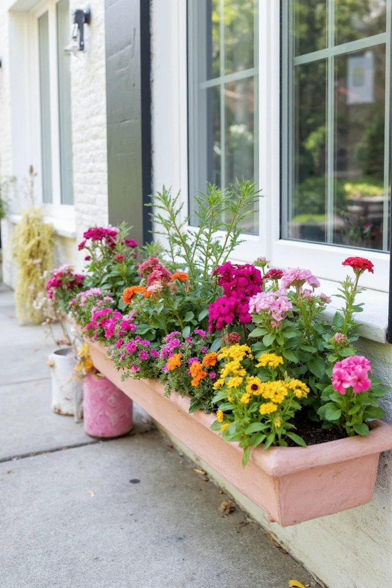 A completed pet-friendly exterior window setup with a secure planter and a cat watching from below