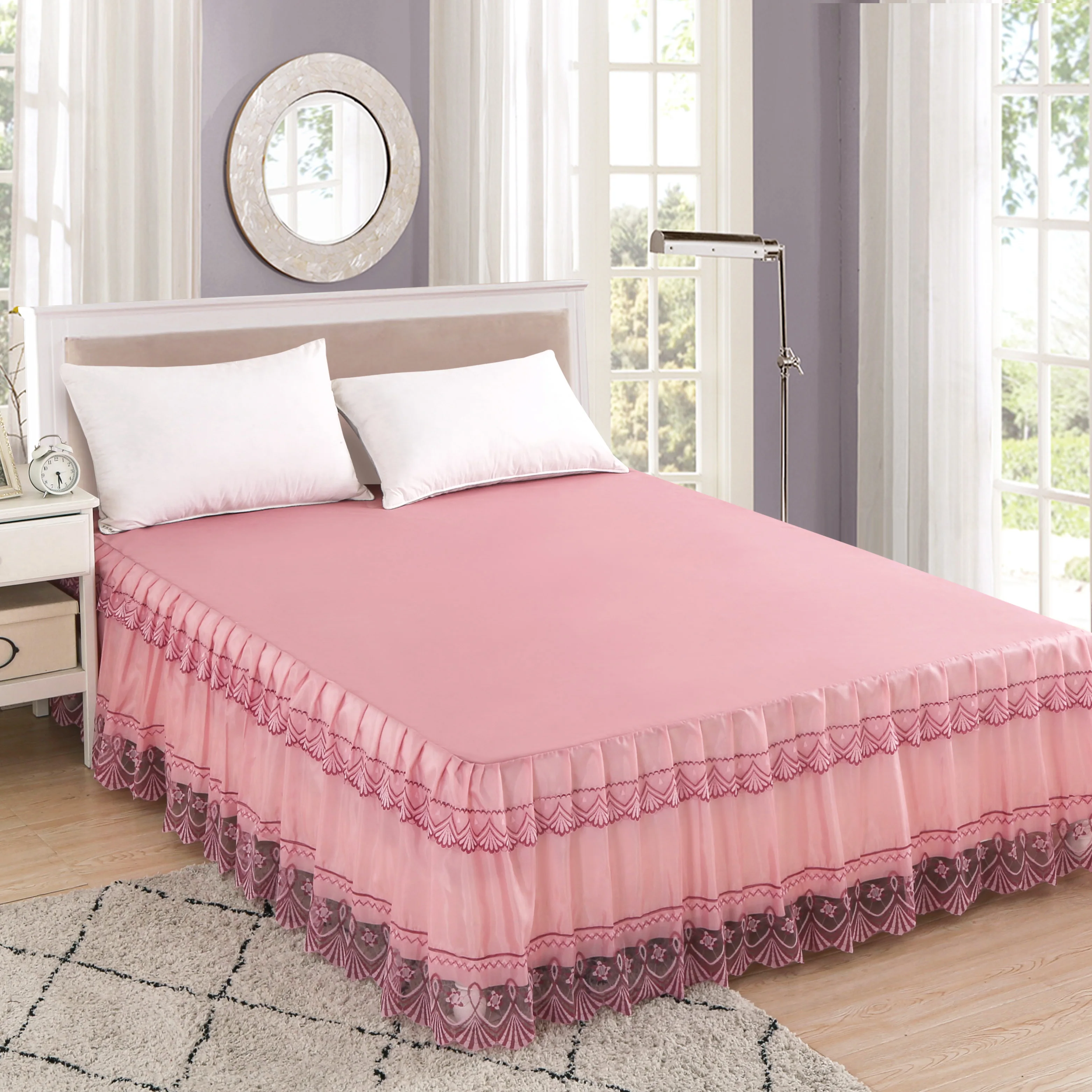 Embroidery Six Colour Lace Bedspread With Tassels Long Lace Bed Skirt