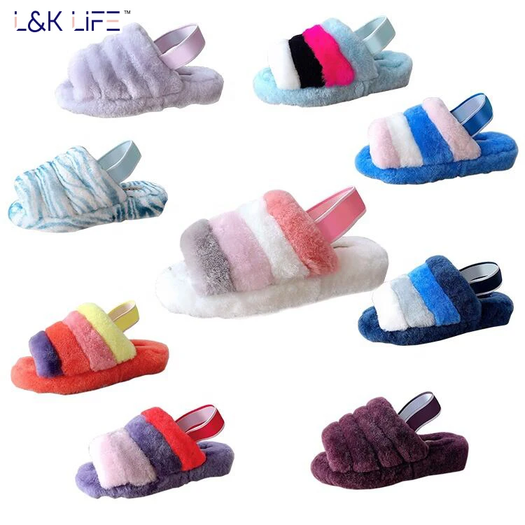 

New style sheepskin upper womens fluff yeah slide slipper fur slides for women, Watermelon rainbow,rainbow,lighter rainbow,biege,gray,