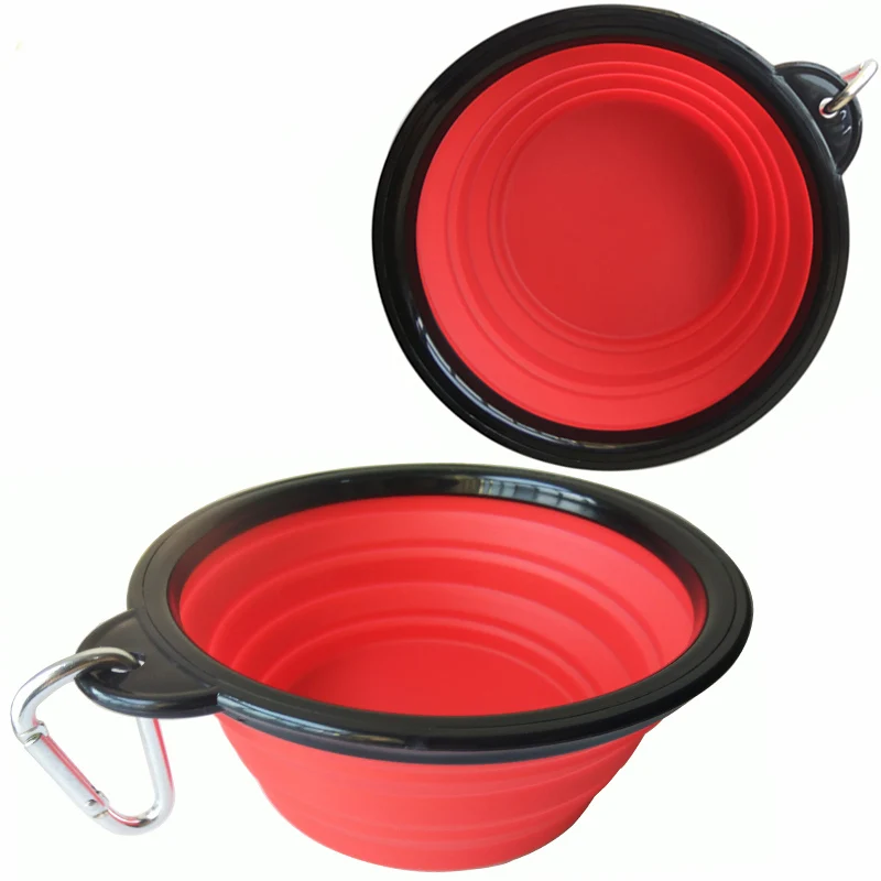 

Hot sale portable travel silicone pet bowl with carabiner, Base on pantone