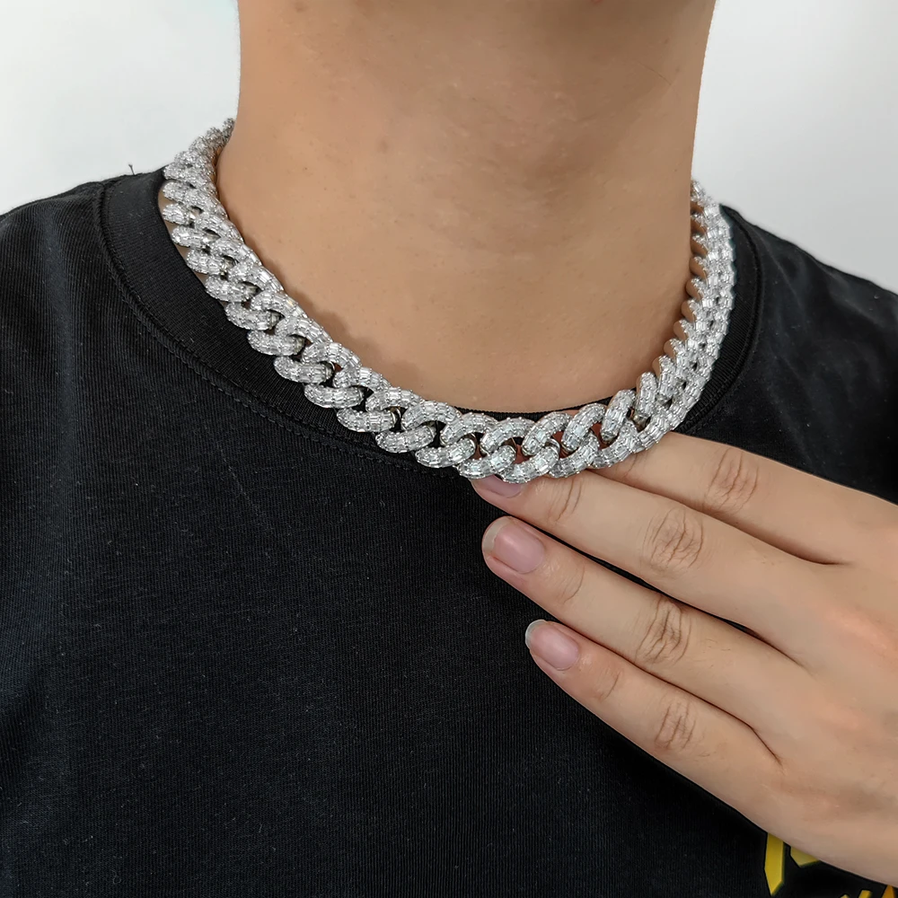 

Nuoay 15mm White Gold Plated Iced Out Cuban Link Chain Necklace Hip Hop Baguette Diamond Cuban Chain