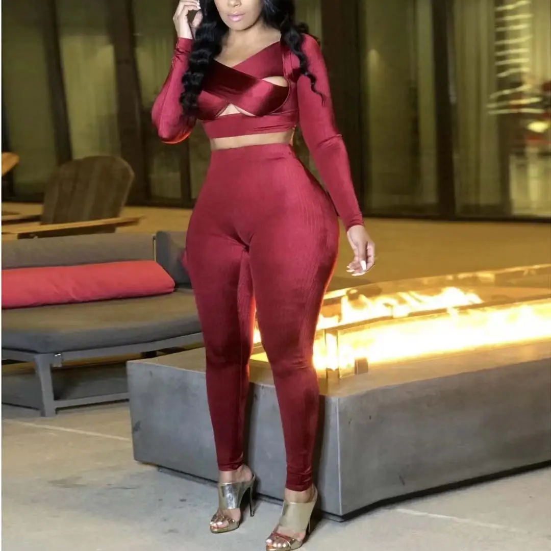 

2021 European&American plus size solid color long sleeve hollow out asymmetrical patchwork pattern tracksuit clubwear, Picture color