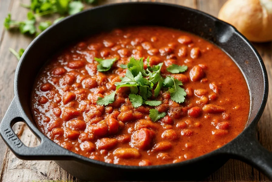 Whole30 compliant chili in cast iron pot with fresh cilantro garnish, vibrant red color, steaming hot