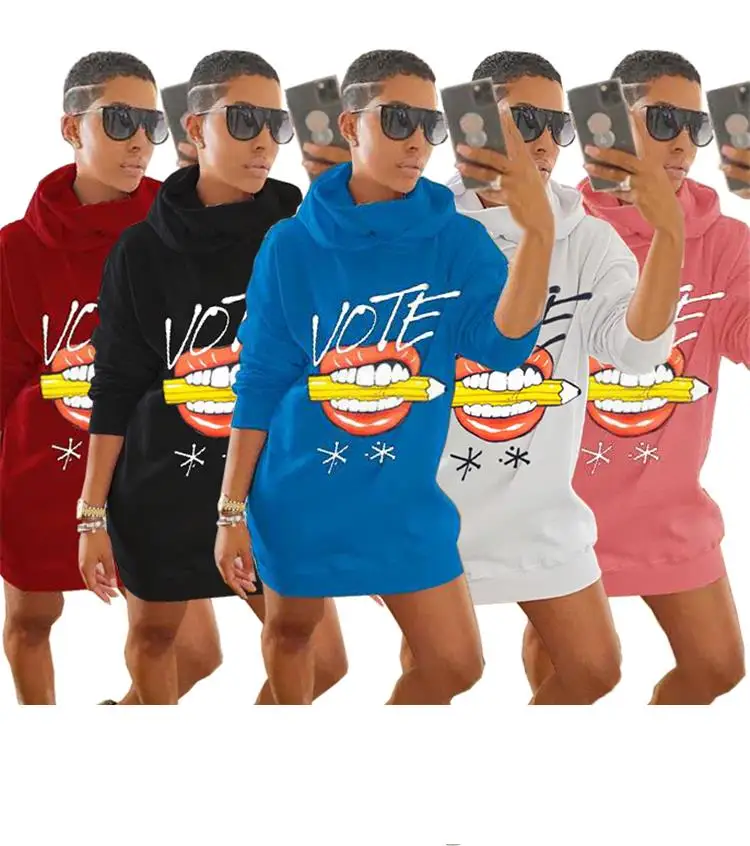 

2021 Fashion Casual Ladies Dress Long Sleeve Hoodies Cartoon Print Winter Women Sweatshirt Dresses