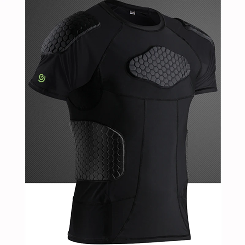 

short Sleeve Body Safe Guard Padded Compression Shirts Shoulder Rib Chest Protector Suit for Football Basketball Paintball Rugby, Black