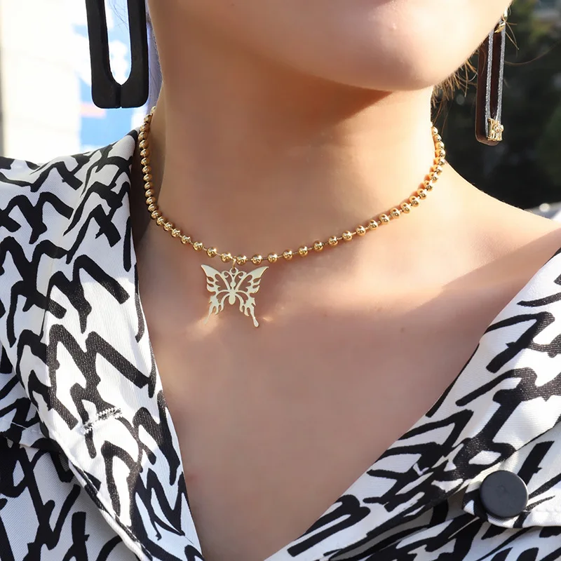 

HONGTONG Factory Outlet Amazon Hot Selling 2021 New Stainless Steel Wave Bead Chain Butterfly Necklace For Women, Picture shows