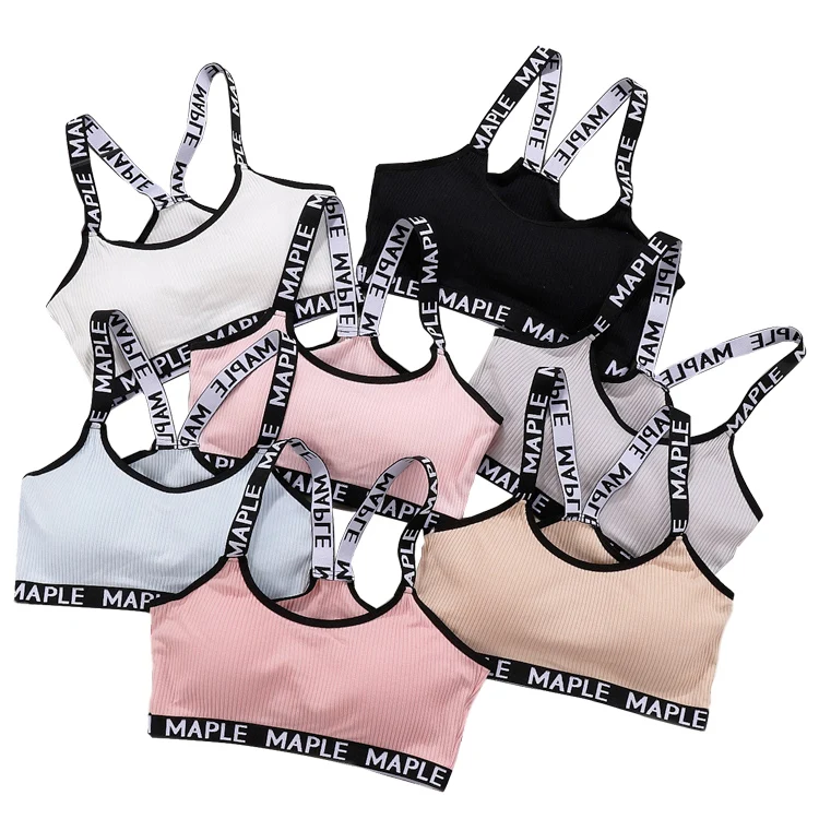 

2019 New letters thin pad underwear cross back Yoga sports fitness bra, Black, white, grey, pink, light blue, dark pink, skin color