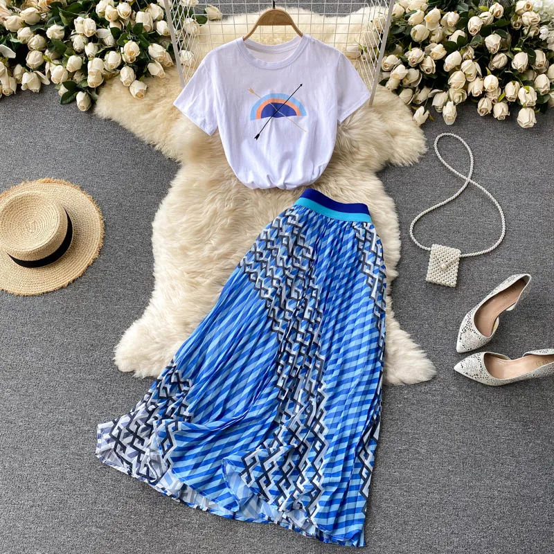 

Women's 2021 Summer New Sets Short-Sleeved T-shirt Women's Versatile Ruched Skirt Two-Piece Suit Fashion Ladies Elegant Outfits