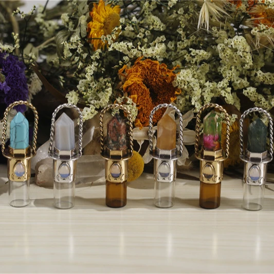 

New trendy jewelry gemstone quartz point essential oil perfume bottle pendant necklaces
