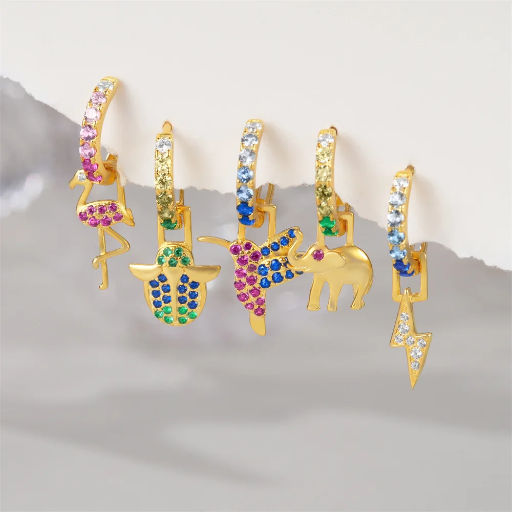 Fashion Jewelry 925 Sterling Silver Animal Colorful Zircon Turtle Elephant Snake Bird Heart lightning Gold Plated Hoop Earrings