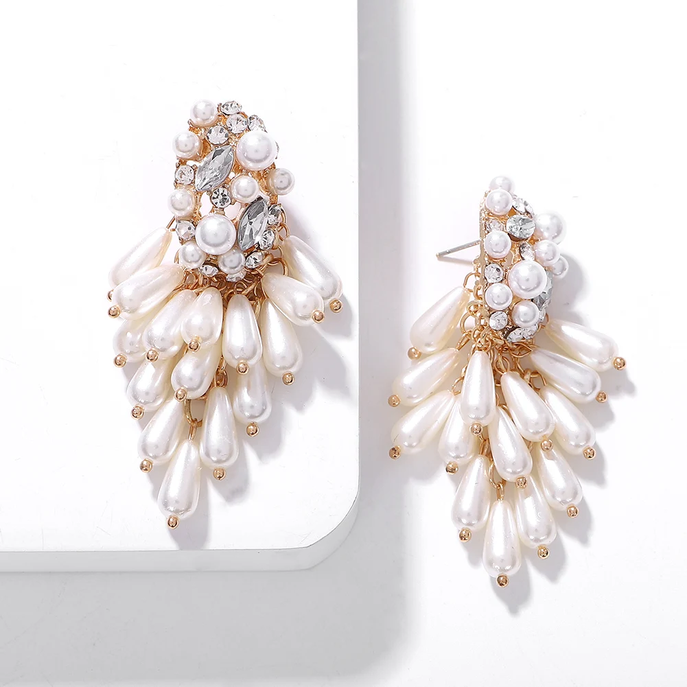 

Barlaycs Fashion Fancy Statement Vintage Crystal Rhinestone Pearl Tassel Earrings for Women Jewelry